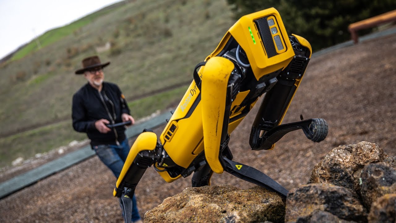 Adam Savage puts the robot dog Spot to work